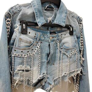 TRENDS -S- Crop Top flake Jean Jacket & short set
